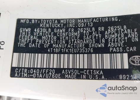 2014 Toyota Camry Se Sport z USA, uszkodzony, nr VIN 4T1BF1FK1EU735376